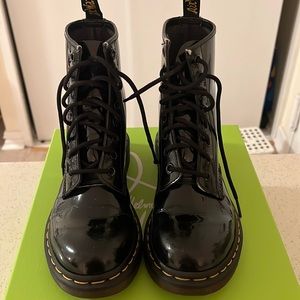 Dc Martens 1460 black patent leather lace up boots, women’s size 7